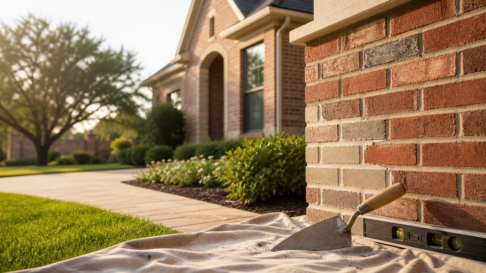 Premium Sugar Land brick repair detail with matched mortar and masonry tools
